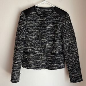 Ann Taylor Wool blend Tweed Day leather Black Gray cropped Blazer Womens 6 NWT